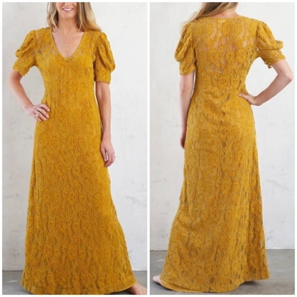 Shabby Chic Sz XS Mustard Yellow Gold Chenille Velvet Lace Maxi Dress NWT NEW